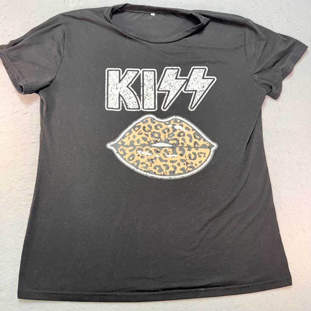 Womens 2XL Black KISS Leopard Lips‎ Graphic T-Shirt Rock Band Tee